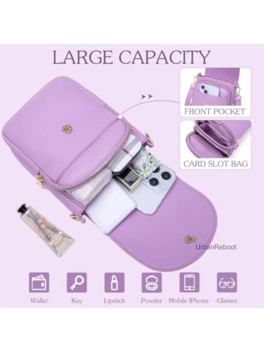 Small PU Leather Crossbody Purse Letter Embroidery Adjustable Strap Phone Bag